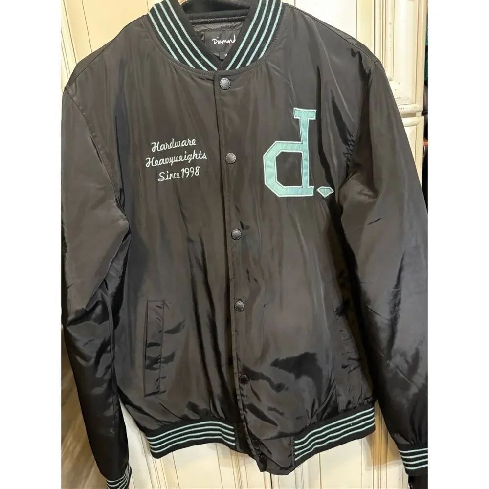 Diamond Men's Stripe Snap Button Quilted Lined Varsity Jacket Black Green Medium